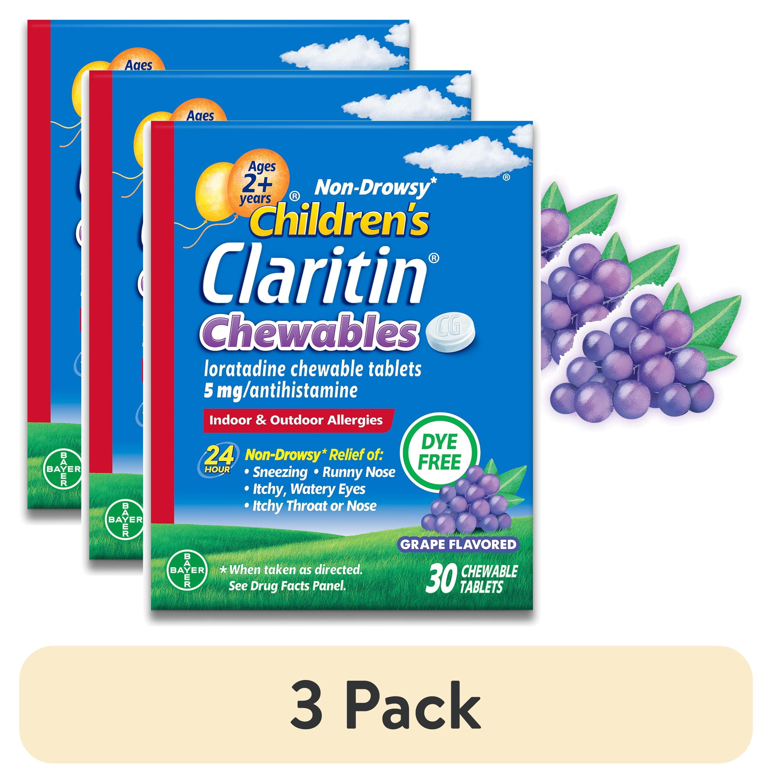 (3 pack) Children's Claritin 24 Hour Non-Drowsy Allergy Relief, Grape Chewable Tablets, Dye-free, 30 Count