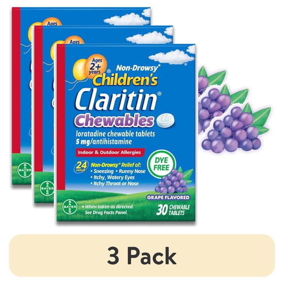 (3 pack) Children's Claritin 24 Hour Non-Drowsy Allergy Relief, Grape Chewable Tablets, Dye-free, 30 Count
