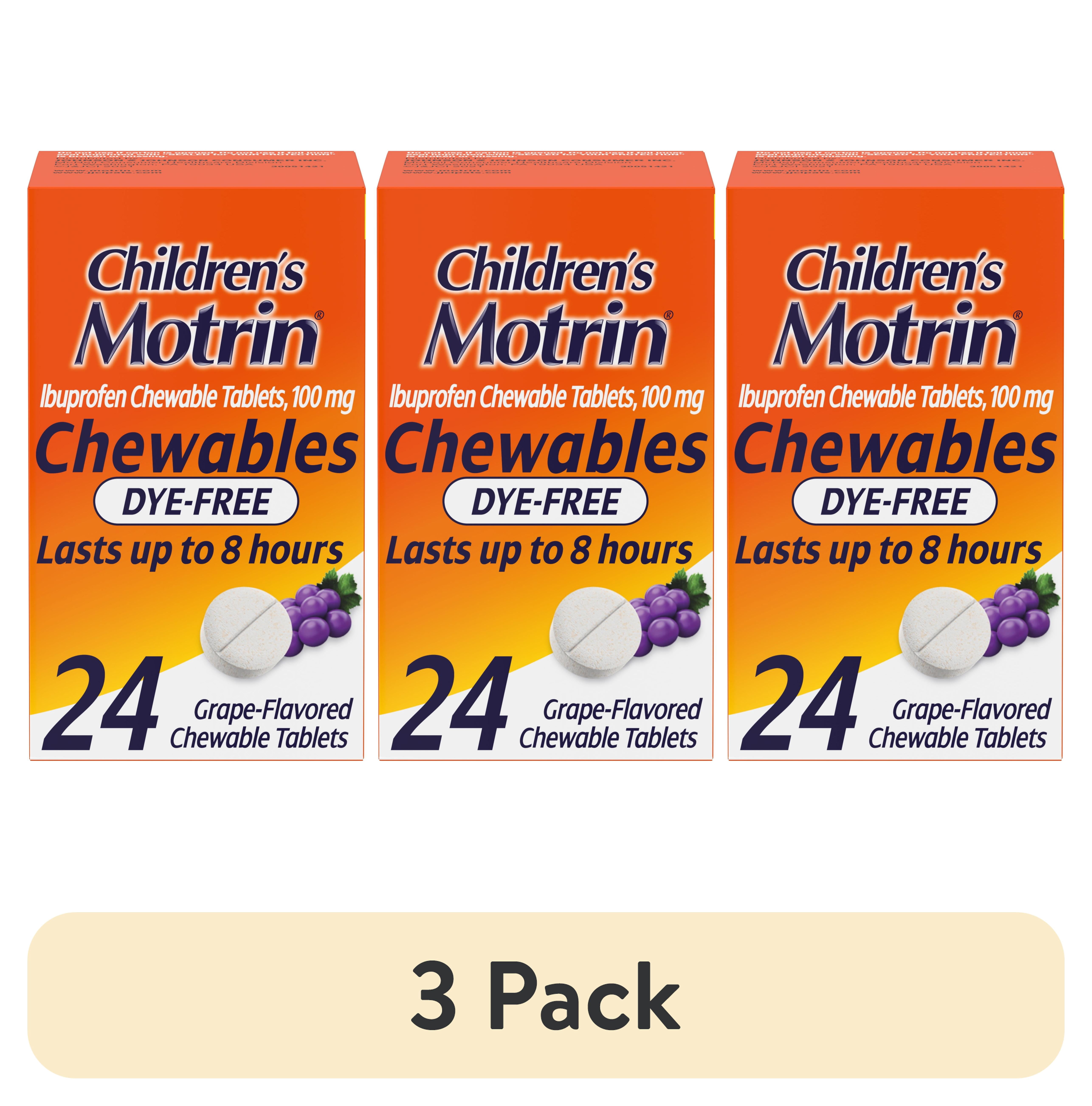 (3 pack) Children's Motrin Dye-Free Ibuprofen Chewable Tablets, Grape, 24 Ct
