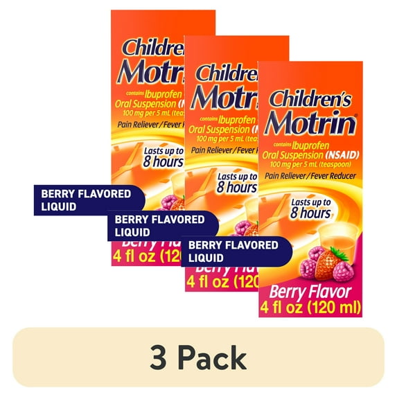 (3 pack) Children's Motrin Ibuprofen Kids Medicine, Berry Flavored, 4 fl. oz