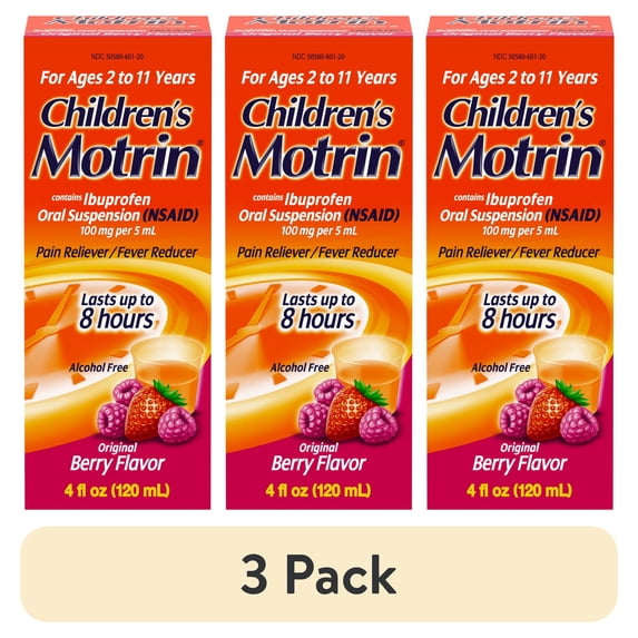 (3 pack) Children's Motrin Ibuprofen Kids Medicine, Berry Flavored, 4 fl. oz