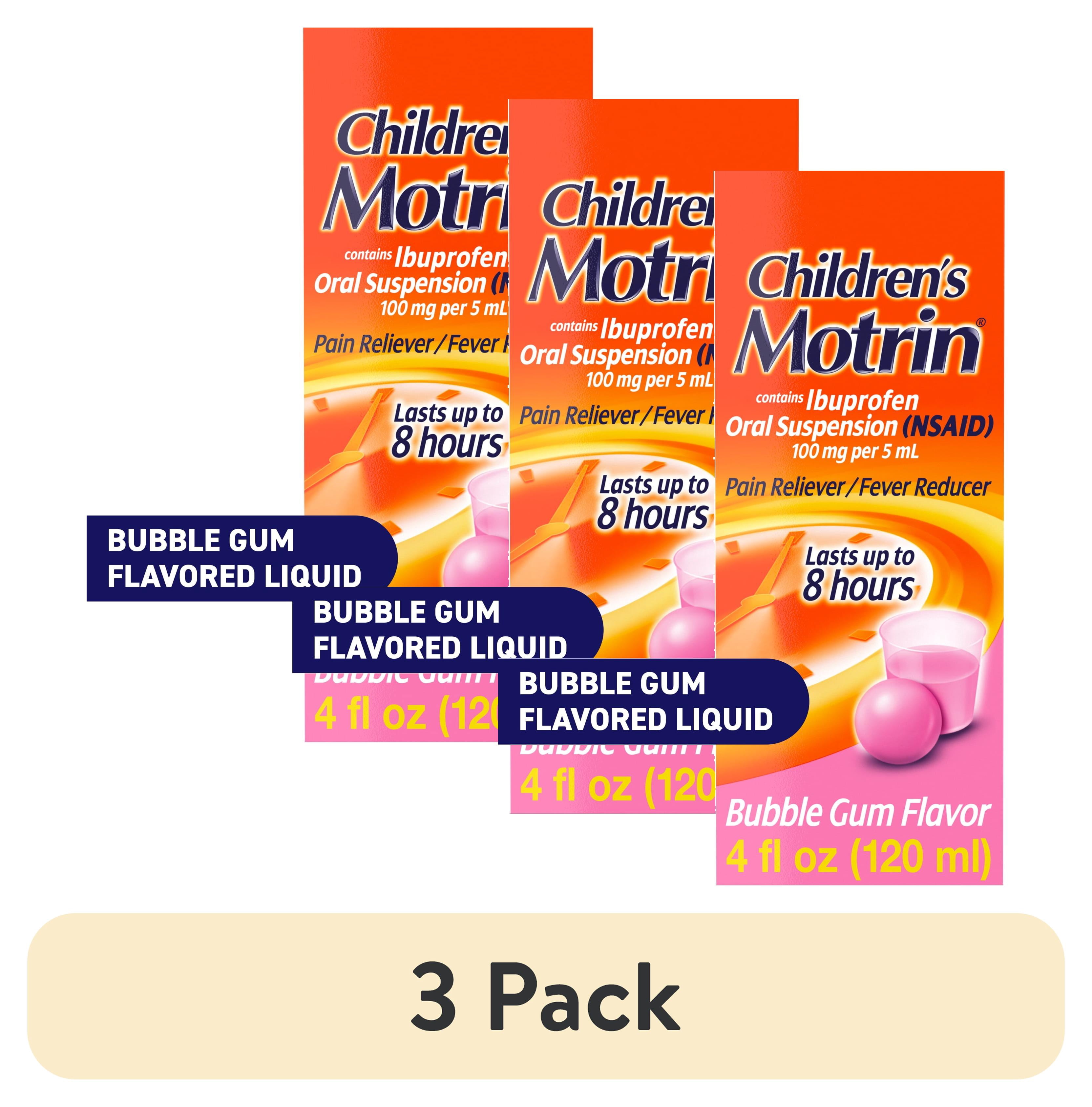 (3 pack) Children's Motrin Ibuprofen Kids Medicine, Bubblegum Flavor, 4 fl. oz