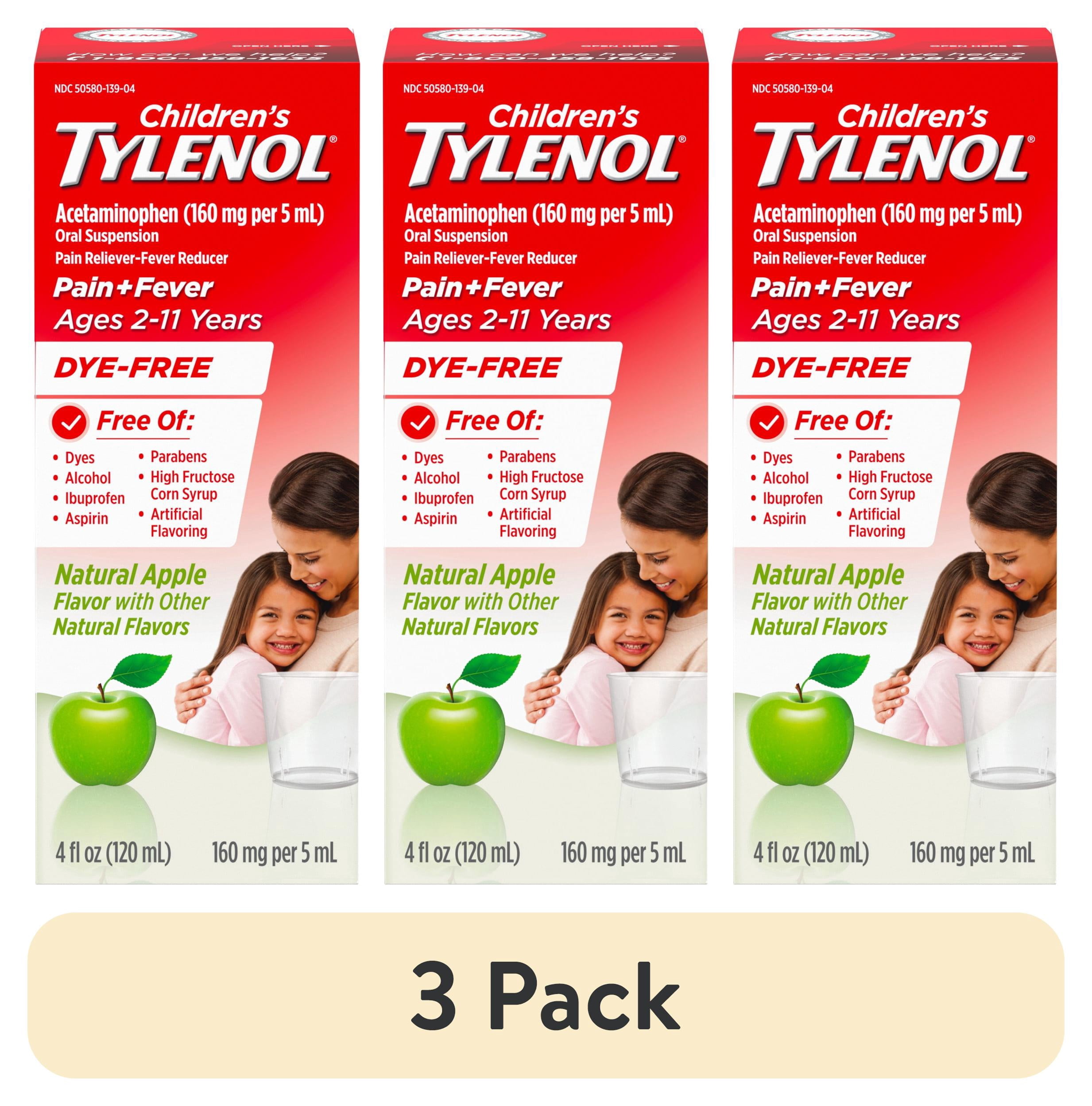 (3 pack) Children's Tylenol Pain + Fever Medicine, Dye-Free, Apple, 4 fl. oz