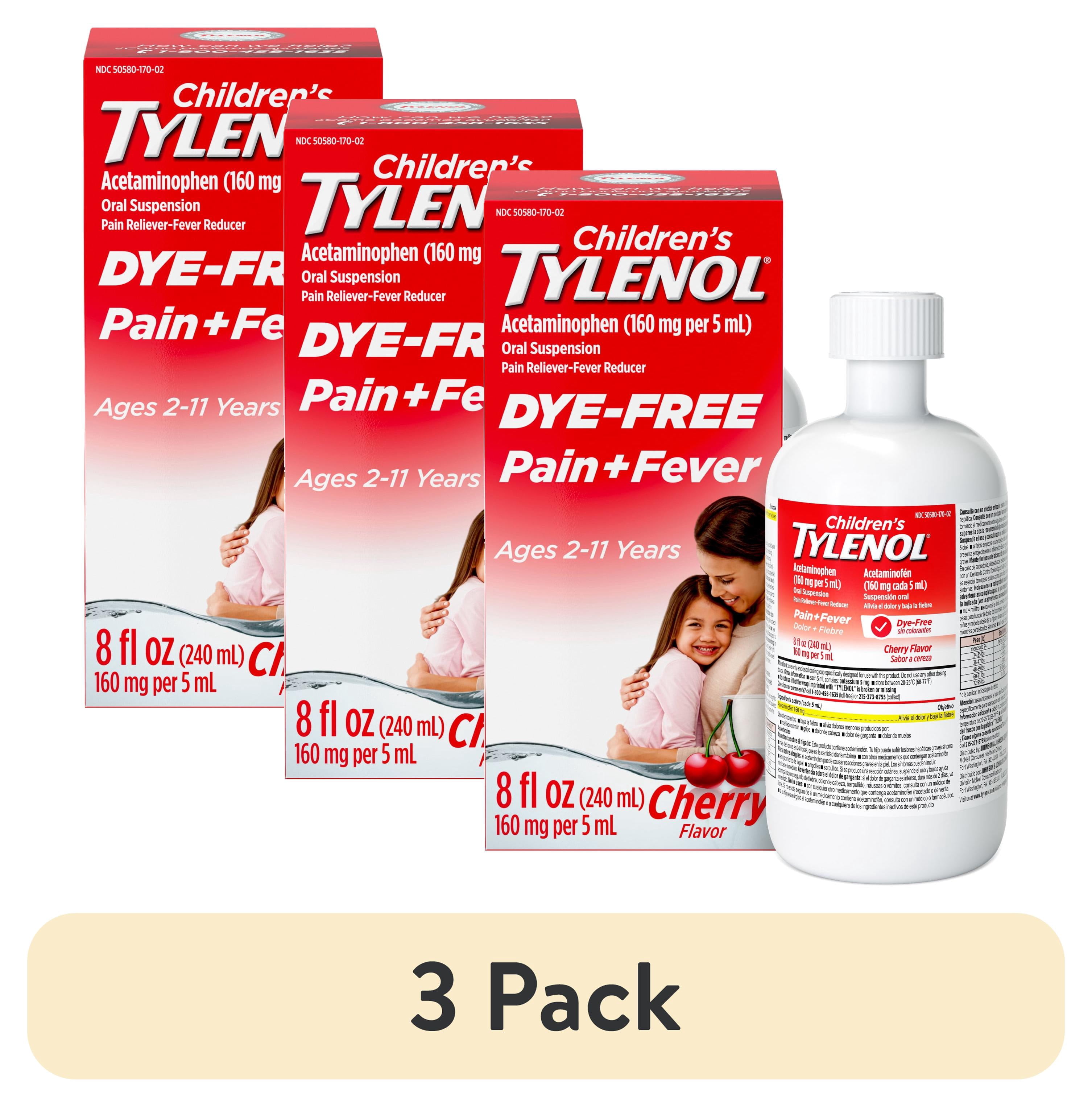 (3 pack) Children’s Tylenol Dye-Free, Oral Suspension, Pain Relief and Fever Reducer, Cherry Flavor 8 Fl oz