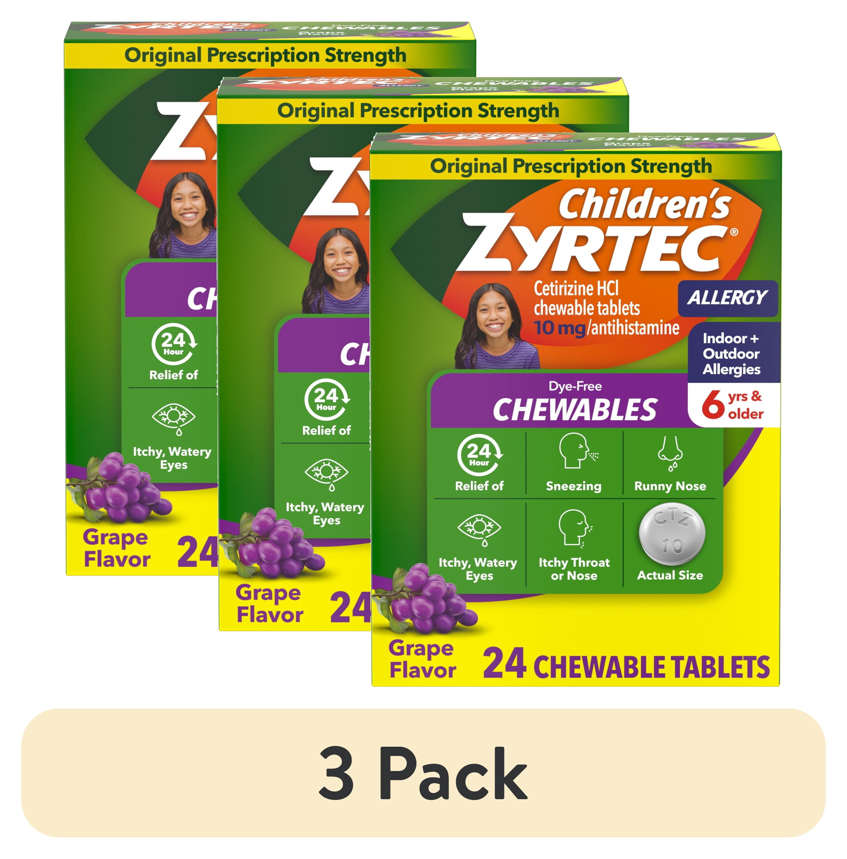 (3 pack) Children's Zyrtec 24 Hr 10 mg Allergy Chews for Ages 6+, Grape, 24 Count