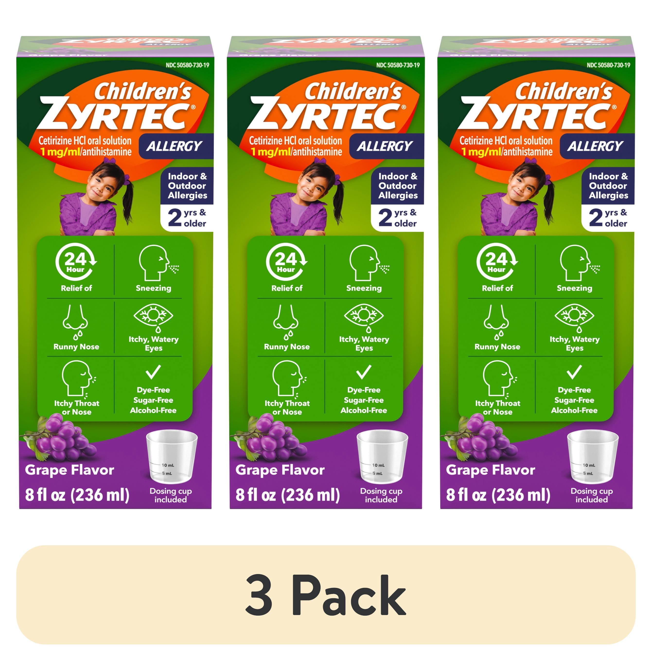 (3 pack) Children's Zytec Liquid Allergy Syrup, Free of Dyes, Sugar, Alcohol, Grape Flavor, 8 fl. oz