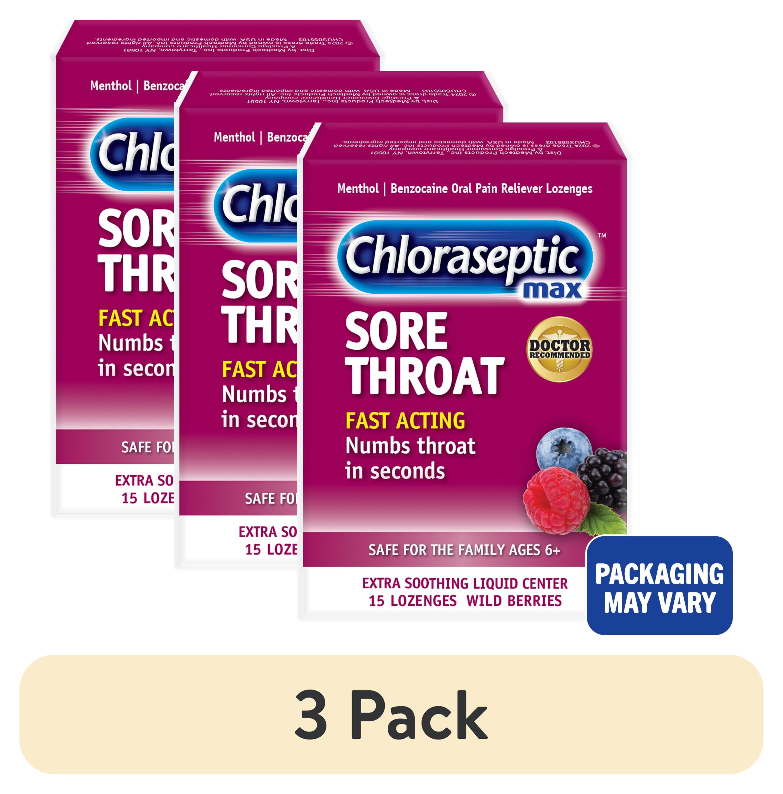 (3 pack) Chloraseptic Max Strength Sore Throat Lozenges, Wild Berries Flavor Throat Remedy, 15 Count