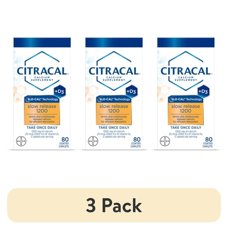 (3 pack) Citracal Slow Release 1200 Calcium with Vitamin D3, Bone Health Support, Coated Caplets, 80 Count