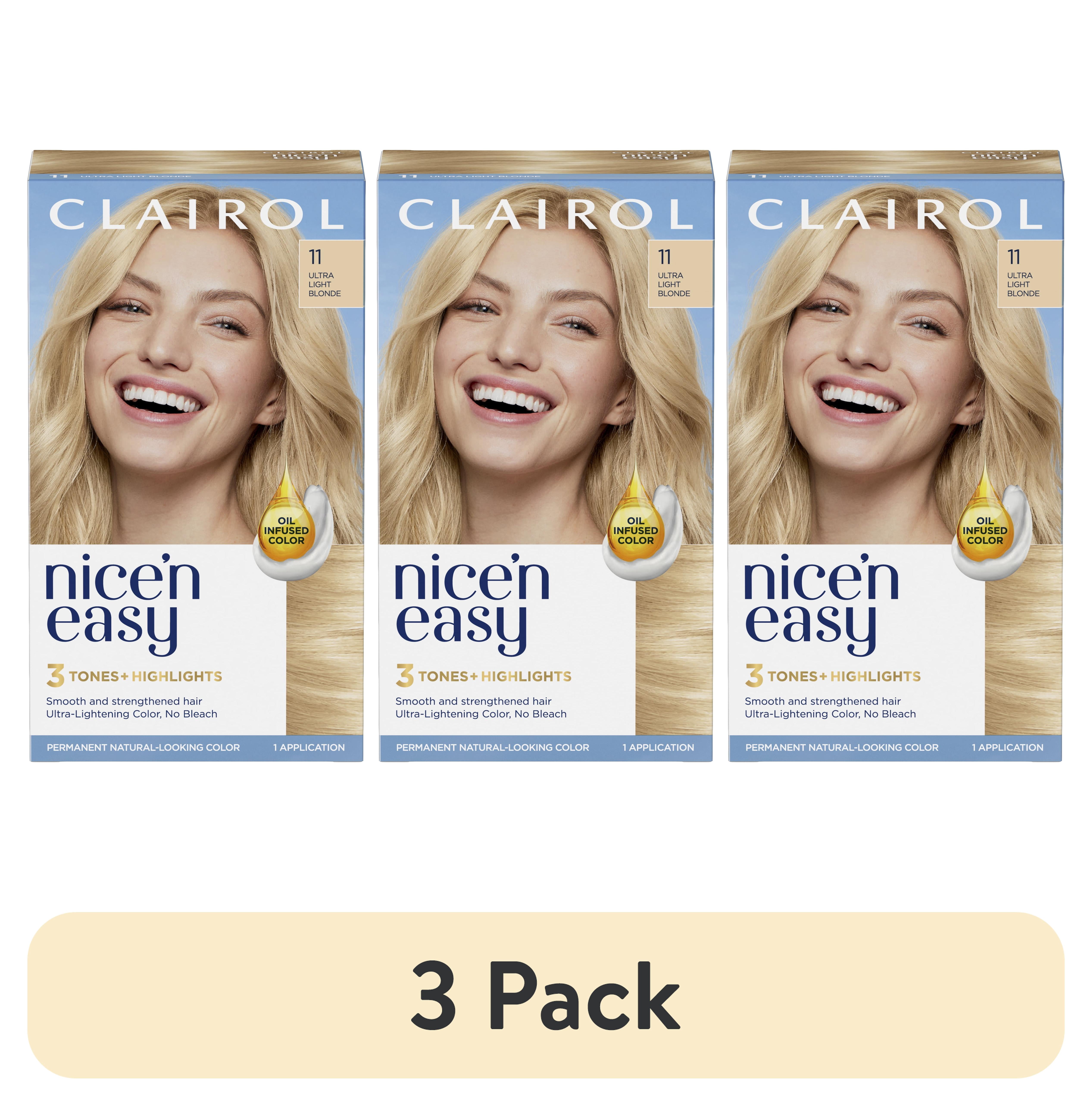 (3 pack) Clairol Nice'n Easy Permanent Hair Color Cream, 11 Ultra Light Blonde, Hair Dye, 1 Application