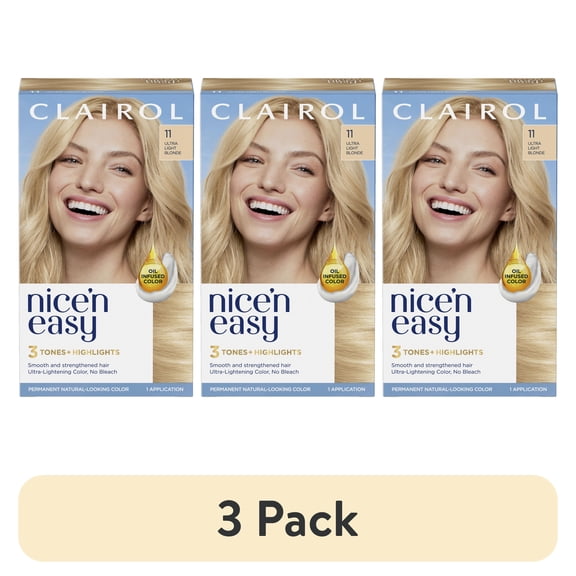 (3 pack) Clairol Nice'n Easy Permanent Hair Color Cream, 11 Ultra Light Blonde, Hair Dye, 1 Application