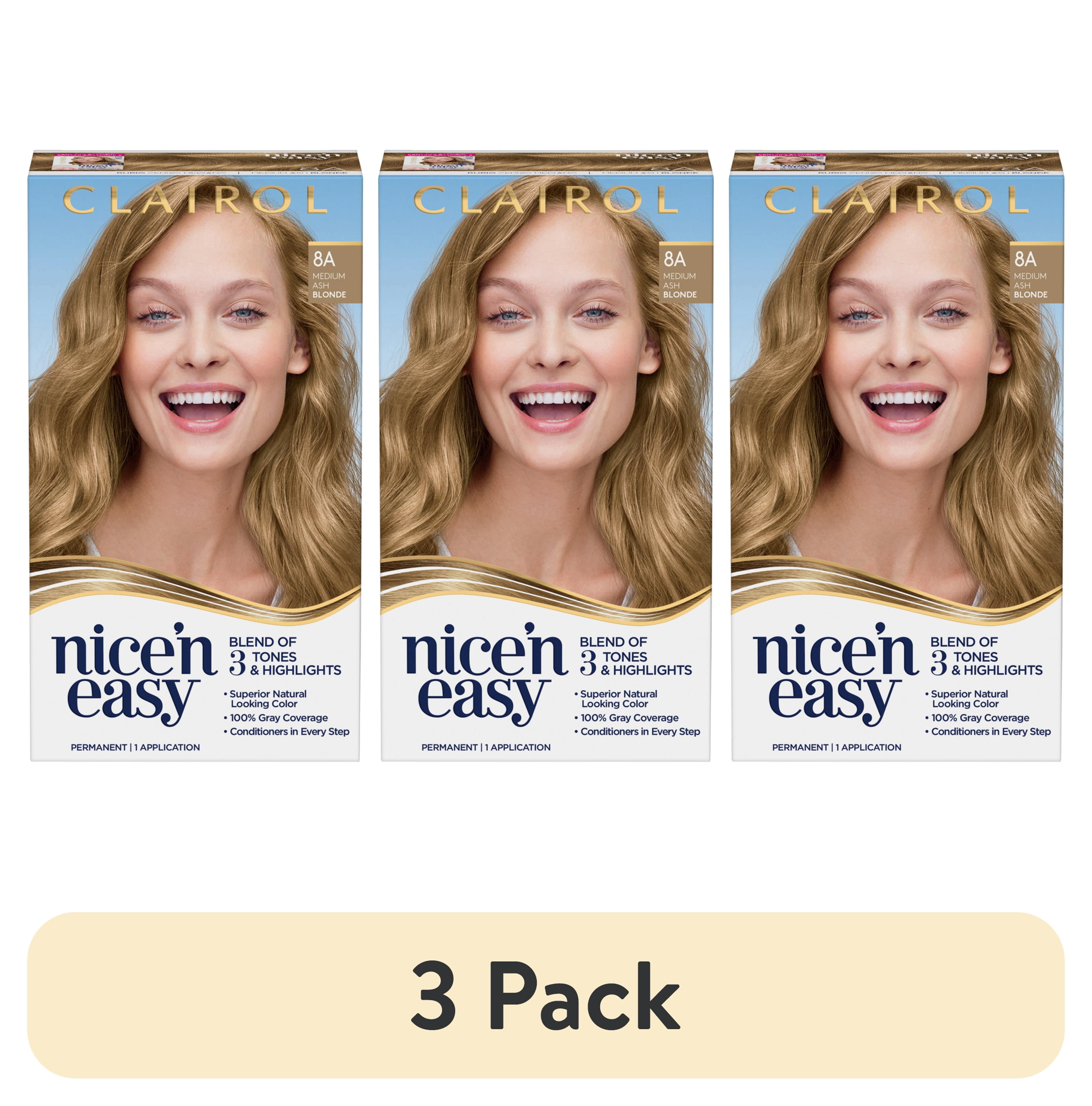 (3 pack) Clairol Nice'n Easy Permanent Hair Color Cream, 8A Medium Ash Blonde, Hair Dye, 1 Application