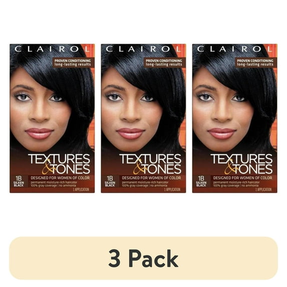 (3 pack) Clairol Textures & Tones Hair Dye Ammonia-Free Permanent Hair Color Creme, 1B Silken Black, 1 Application