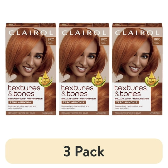 (3 pack) Clairol Textures & Tones Hair Dye Ammonia-Free Permanent Hair Color Creme, 8RO Sunset Copper, 1 Application