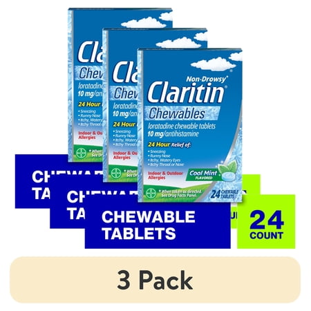 (3 pack) Claritin 24 Hour Non-Drowsy Antihistamine Allergy Relief Medicine Cool Mint Chewable Tablet, 24 Ct