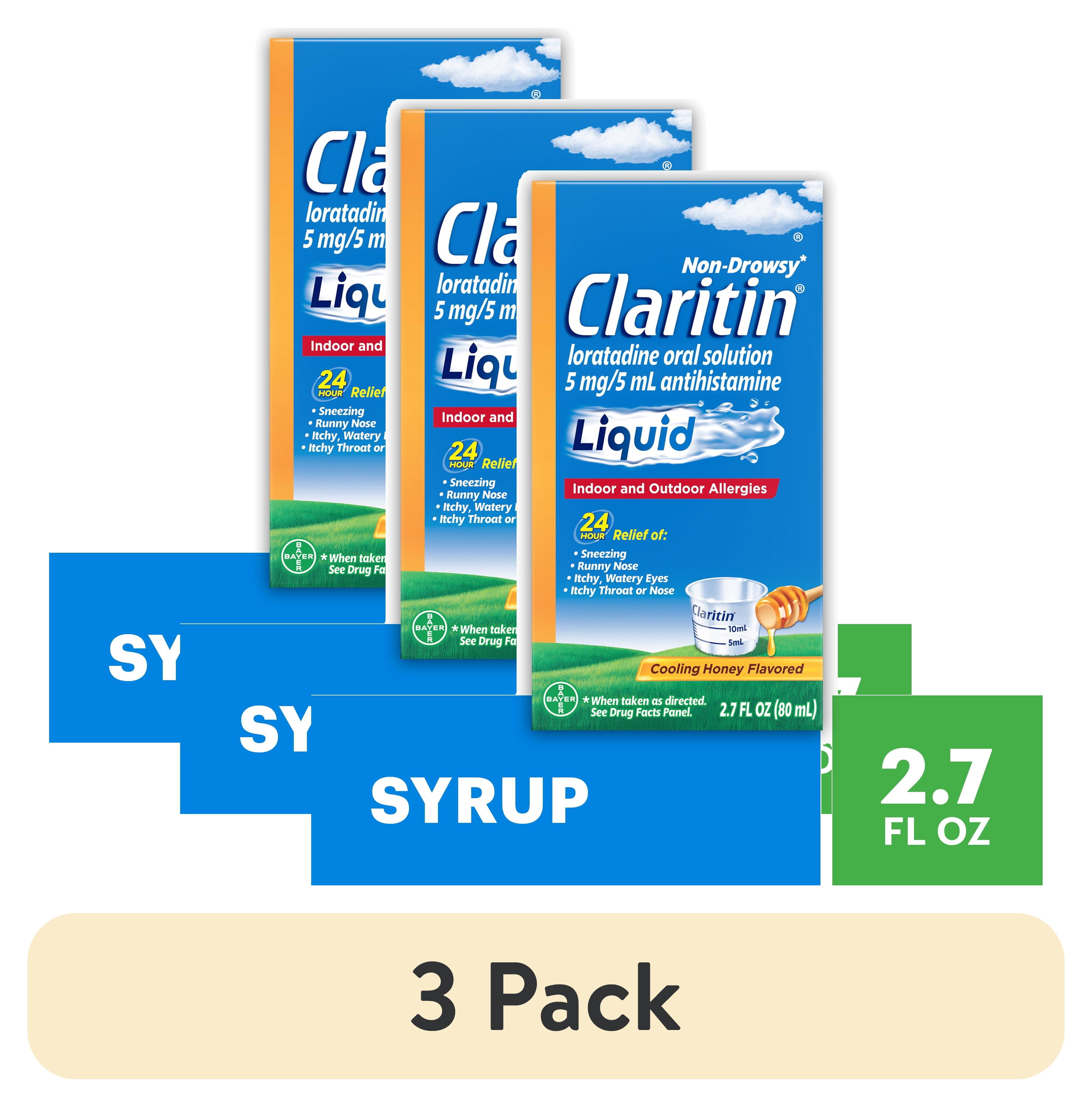 (3 pack) Claritin 24 Hour Non-Drowsy Loratadine Antihistamine Allergy Relief Medicine, Cooling Honey Syrup, 5 mg, 2.7 oz