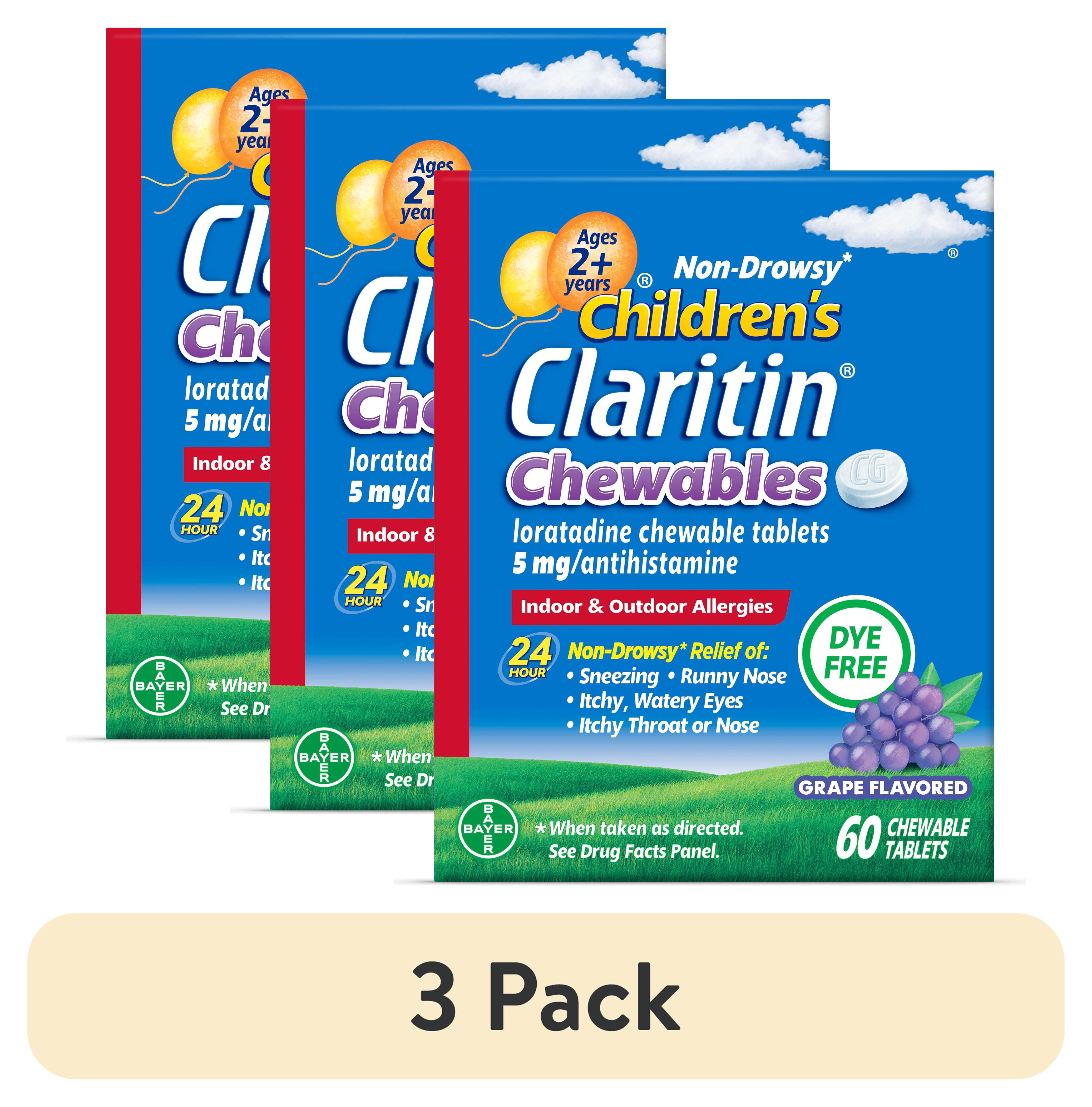 (3 pack) Claritin Allergy Medicine for Kids, Loratadine Antihistamine Grape Chewable Tablets, Dye-free, 60 Count