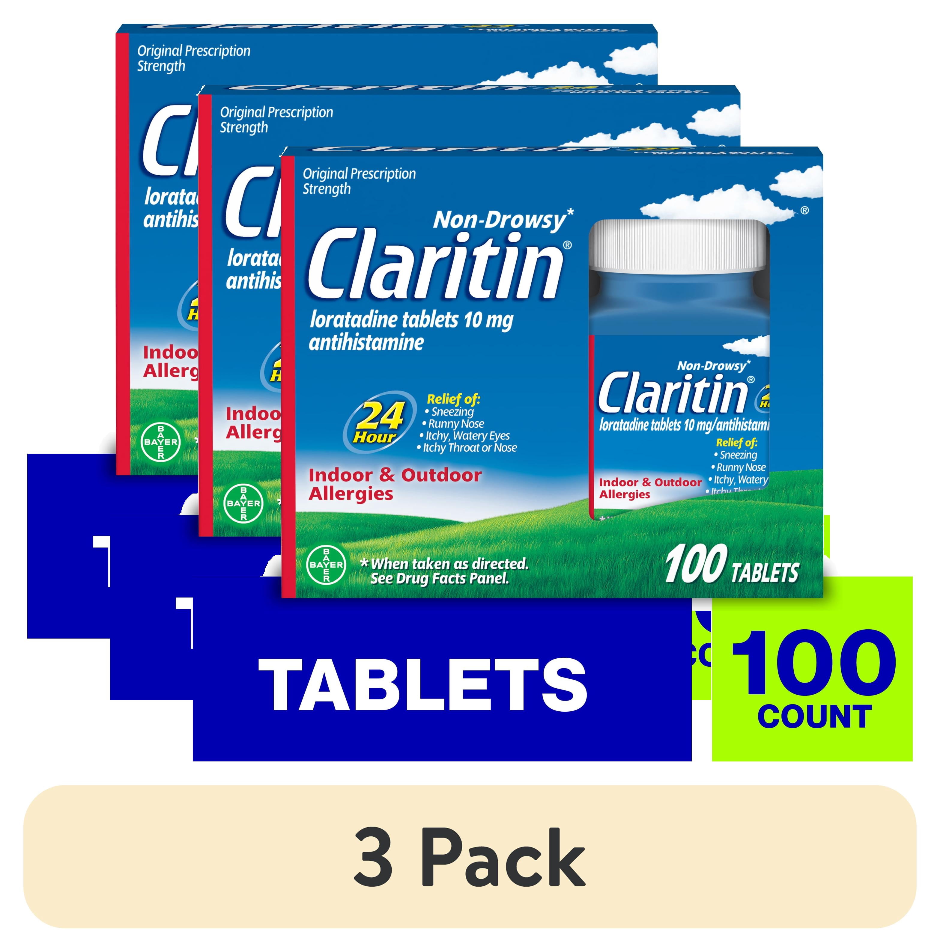 (3 pack) Claritin Allergy Relief 24 Hour Non-Drowsy Loratadine Antihistamine Allergy Medicine Tablets, 100 Count