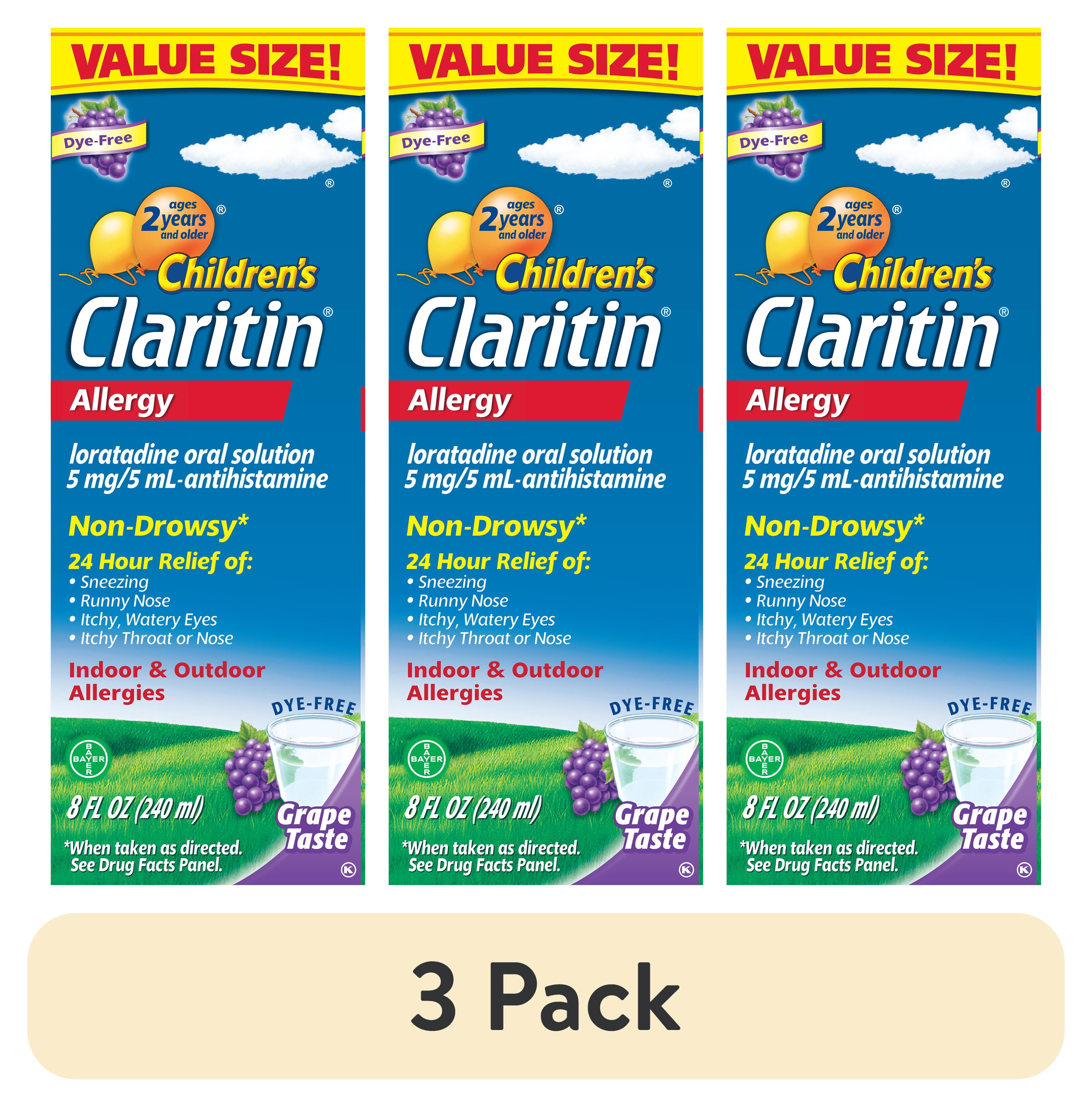 (3 pack) Claritin Children's 24 Hour Liquid Allergy Syrup, Free of Dyes, Sugar, Alcohol, Grape Flavor, 8 Fl oz