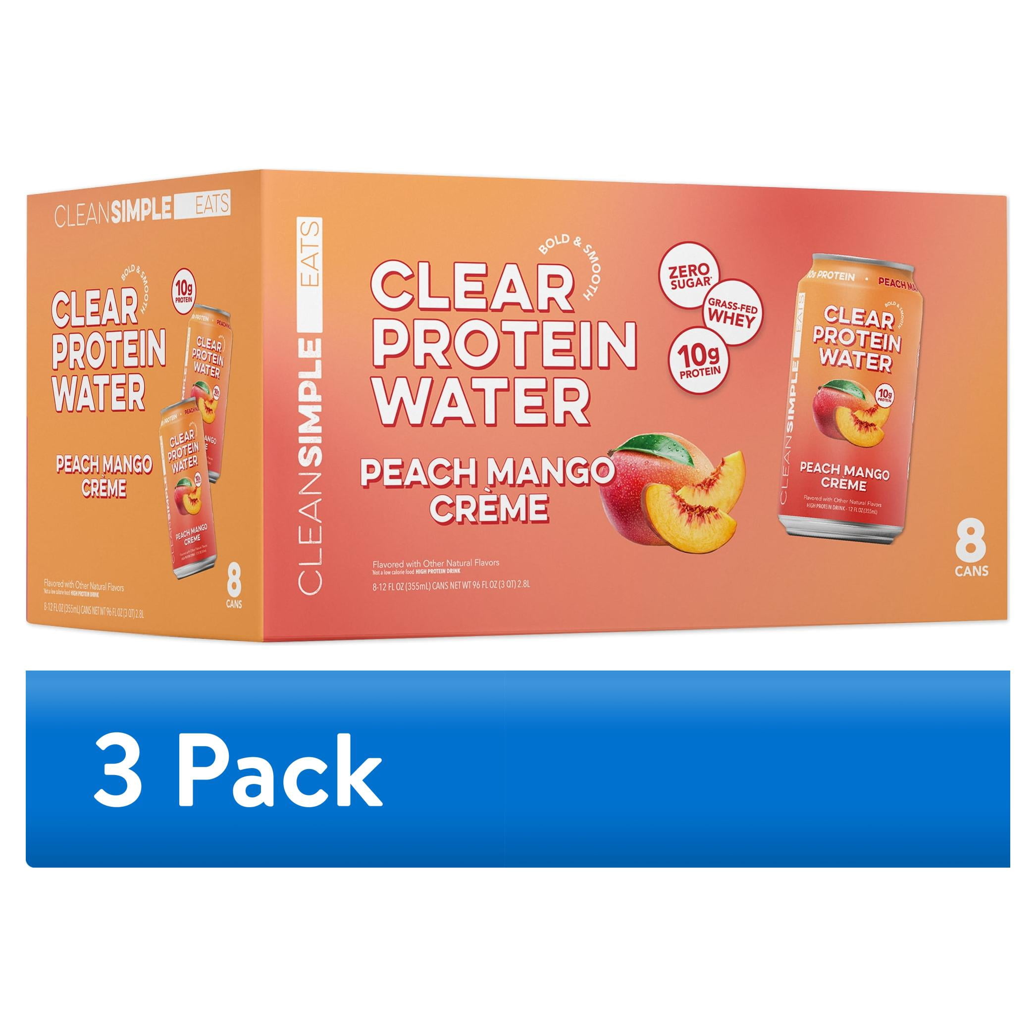 (3 pack) Clean Simple Eats Clear Protein Water Peach Mango Crème, 8 Pack, 12 fl oz Cans