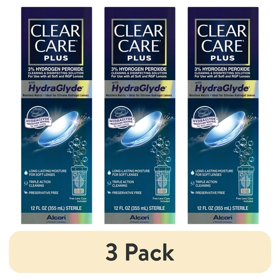 (3 pack) Clear Care Plus Cleaning and Disinfecting Contact Lens Liquid Solution for Daily Use, 12 oz