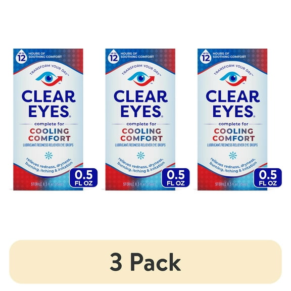 (3 pack) Clear Eyes Cooling Comfort Relief Lubricant Eye Drops, Daily Use, 0.5 fl oz