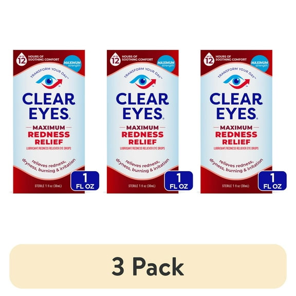 (3 pack) Clear Eyes Maximum Red Eye Relief Lubricant Drops, Daily Use, 1 fl oz