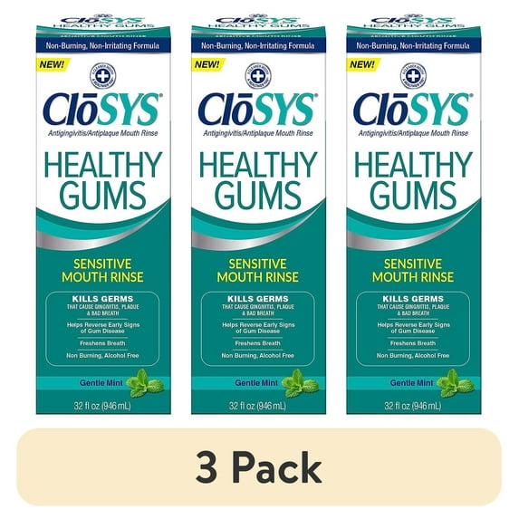 (3 pack) CloSYS Healthy Gums Oral Mouthwash, Gentle Mint, 32OZ