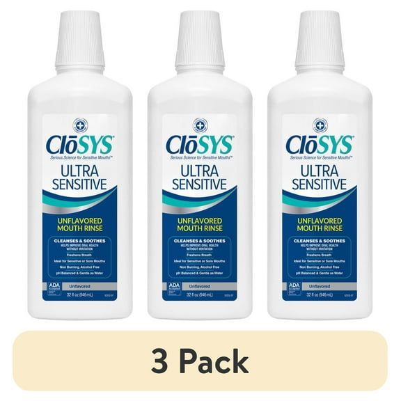 (3 pack) CloSYS Ultra Sensitive Mouthwash, Unflavored Alcohol Free, Dye Free, pH Balanced, Helps Soothe Entire Mouth – 32 Oz