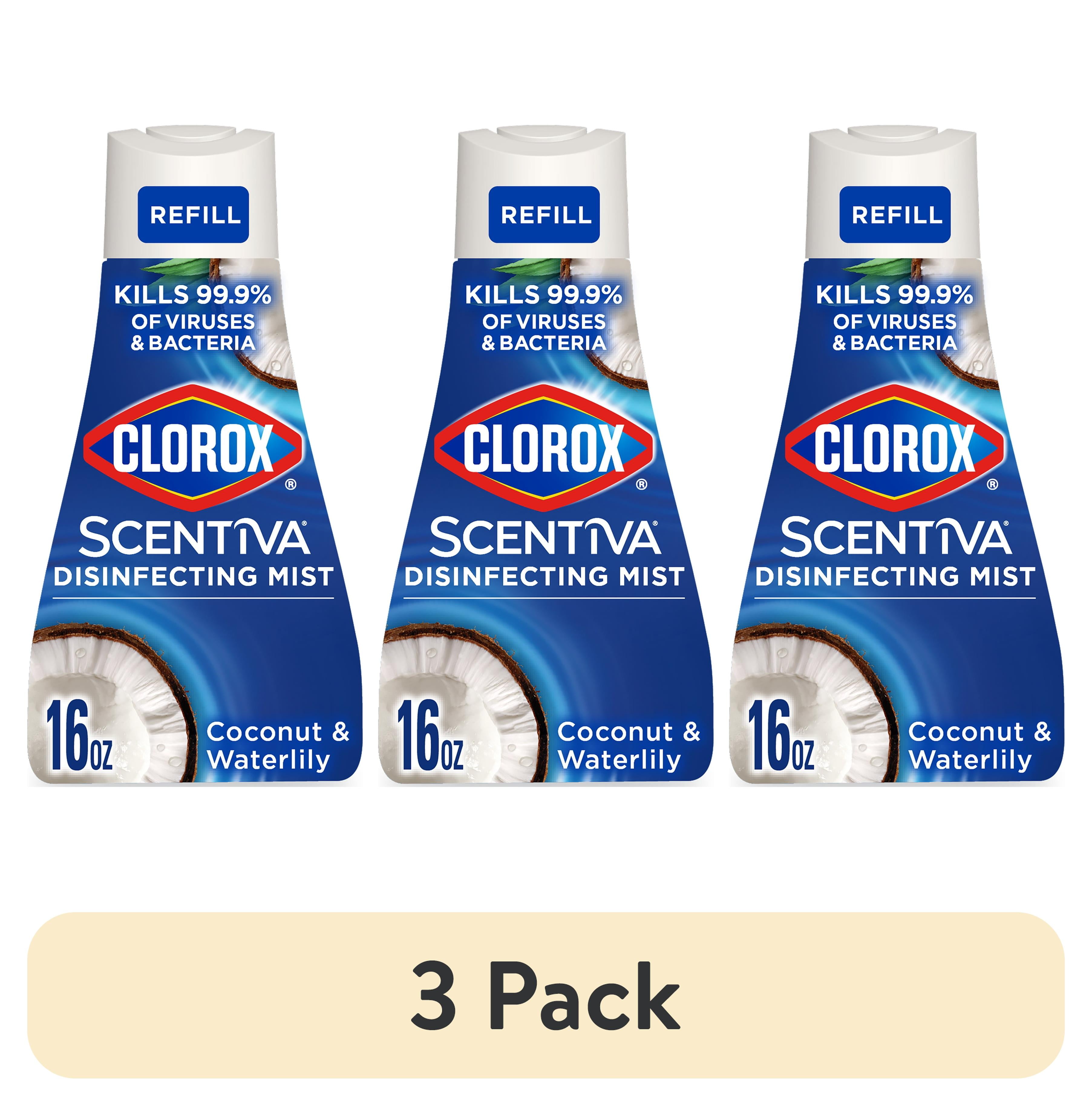 (3 pack) Clorox Scentiva Disinfecting Mist, Coconut and Waterlily, Refill, 16 Fluid Ounces