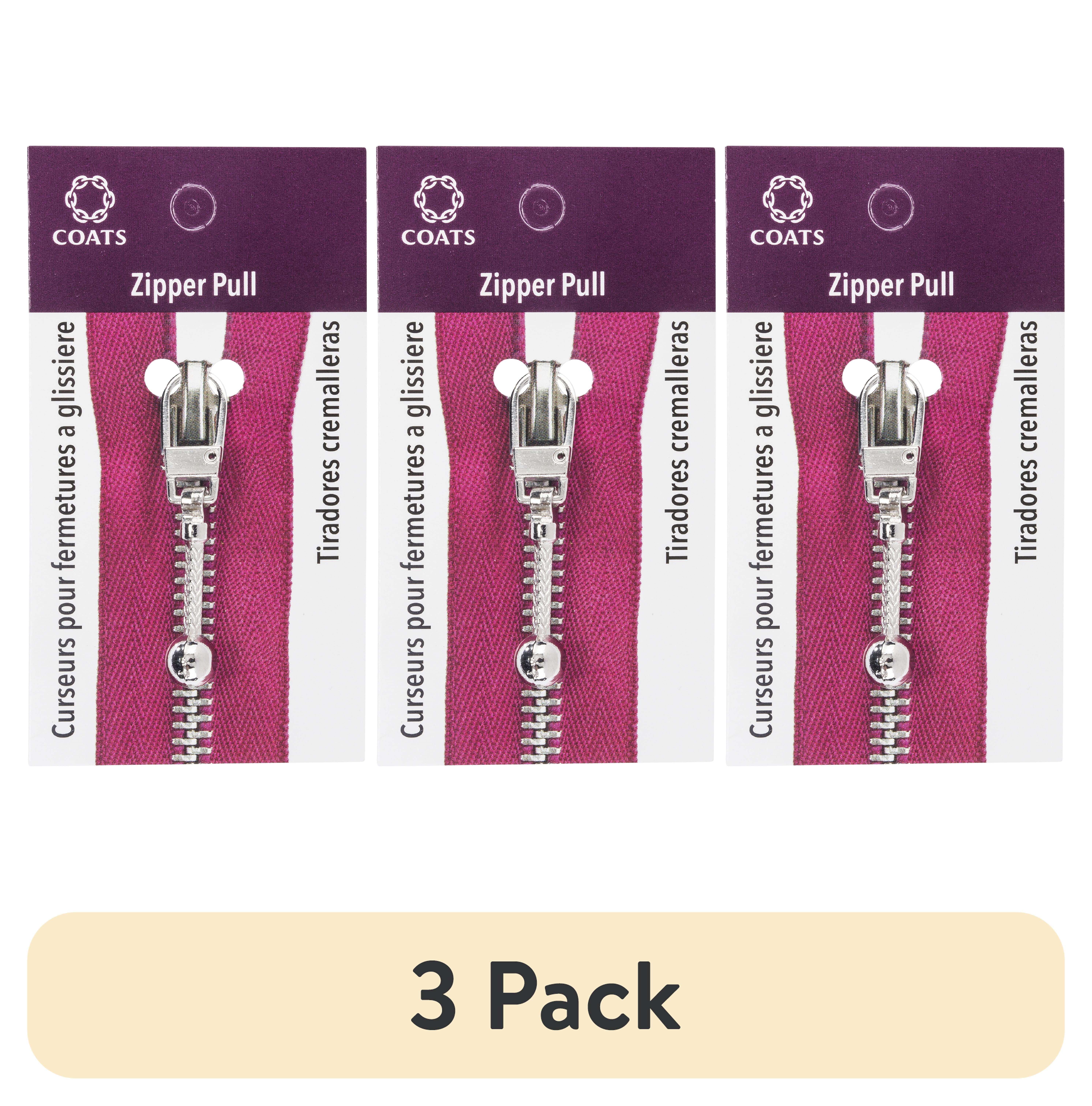 (3 pack) Coats & Clark Zipper Pulls, Metal, Silver Ball & Chain
