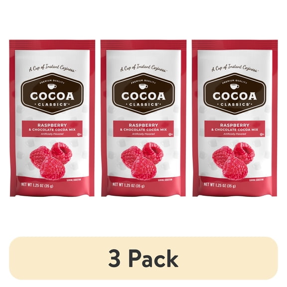 (3 pack) Cocoa Classics Raspberry Cocoa Mix, Hot Chocolate, Made with Nonfat Milk, Just Add Hot Water, Make Hot or Iced Cocoa, Gluten Free & Kosher Dairy Friendly, 1, 1.25oz Packet