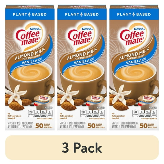 (3 pack) Coffee mate Plant Based Oat Milk Vanilla Non-Dairy Creamer, 0.375 fl oz, 50 Count Tubs