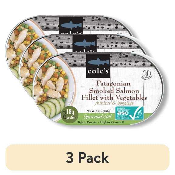 (3 pack) Cole's Open & Eat Patagonian Smoked Salmon Fillet (FISH) with Vegetables, 5.6oz (160g) High in Protein, High in Vitamin D, Skinless and Boneless