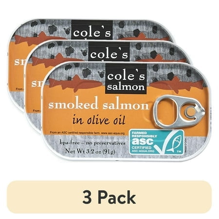 (3 pack) Cole’s Patagonian Smoked Salmon in Extra Virgin Olive Oil 3.2 oz – Fish Fillet, High Protein, Canned, Skinless, Boneless, Gluten-Free
