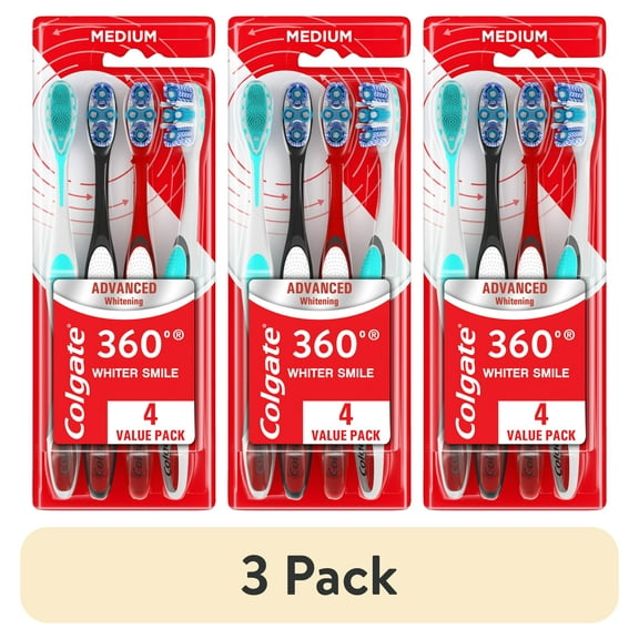 (3 pack) Colgate 360 Advanced Whitening Medium Toothbrush Pack, 4 Count