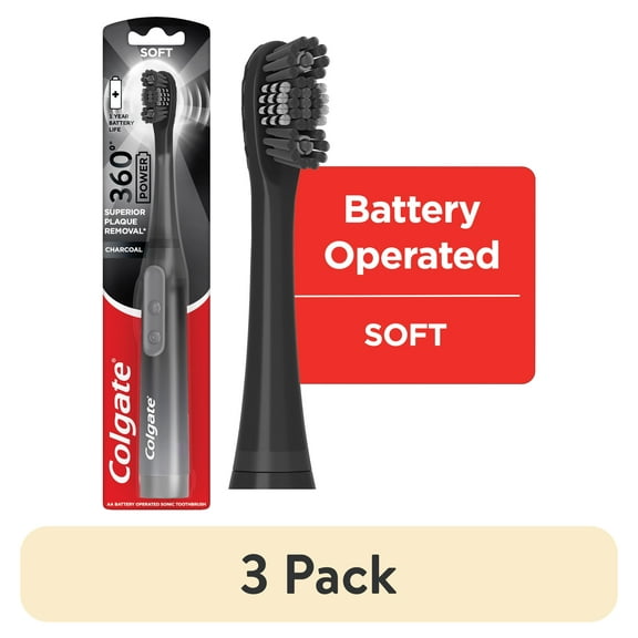 (3 pack) Colgate 360 Power Charcoal Battery Operated Toothbrush, Black, 1 AA Battery Included