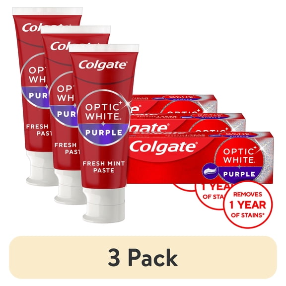 (3 pack) Colgate Optic White Purple Teeth Whitening Toothpaste with Fluoride, Fresh Mint Flavor, 3.8 oz