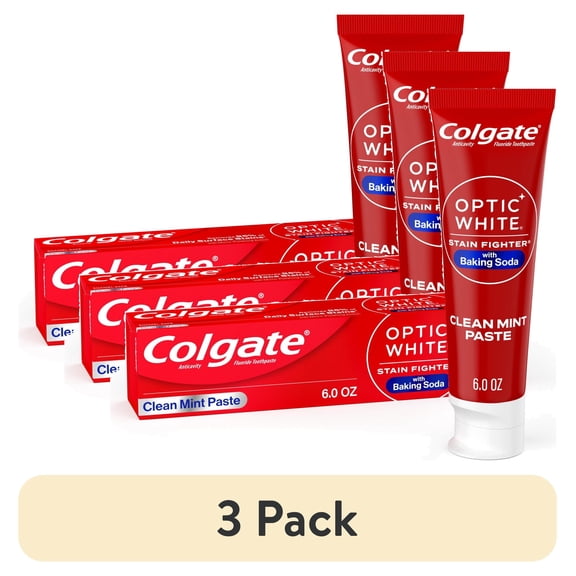 (3 pack) Colgate Optic White Stain Fighter Teeth Whitening Toothpaste with Baking Soda, Clean Mint, 6 oz Tube