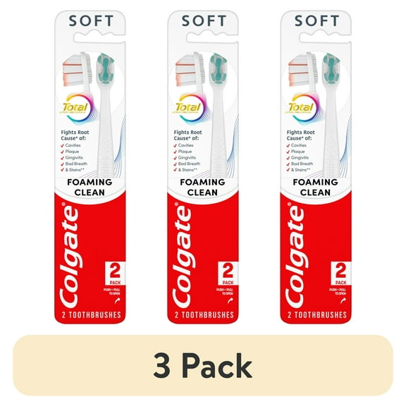 (3 pack) Colgate Total Active Prevention Foaming Clean Soft Toothbrush, White, 2 Pack