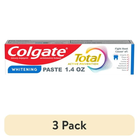 (3 pack) Colgate Total Active Prevention Travel Whitening Toothpaste, Mint, 1.4 oz