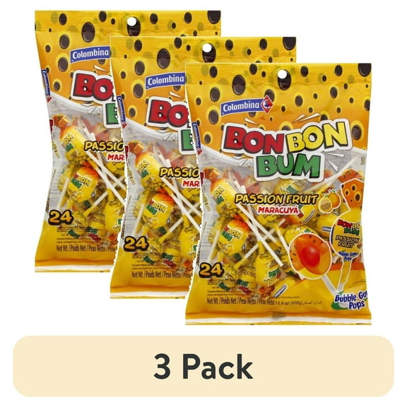 (3 pack) Bon Bon Bum Fruity Lollipop with Bubble Gum center Perfect for Parties and Sharing