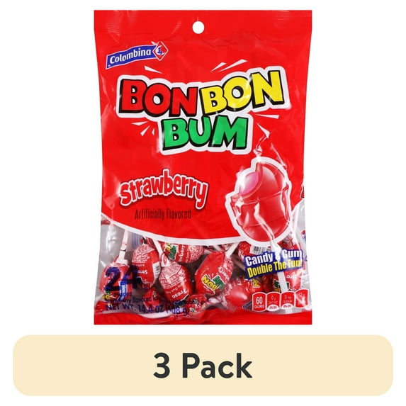 (3 pack) Colombina Bon Bon Bum Strawberry Bubble Gum Lollipops, 24 Count, 16.1 oz