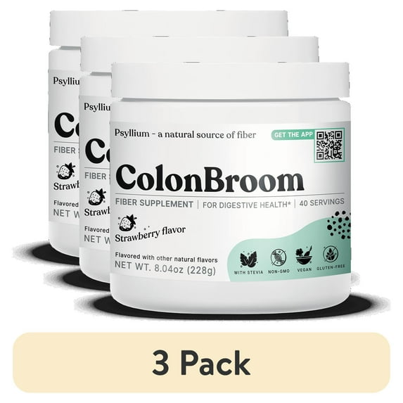 (3 pack) ColonBroom Psyllium Husk Powder Colon Cleanser - Fiber Supplement, Strawberry Flavor, 40 Servings