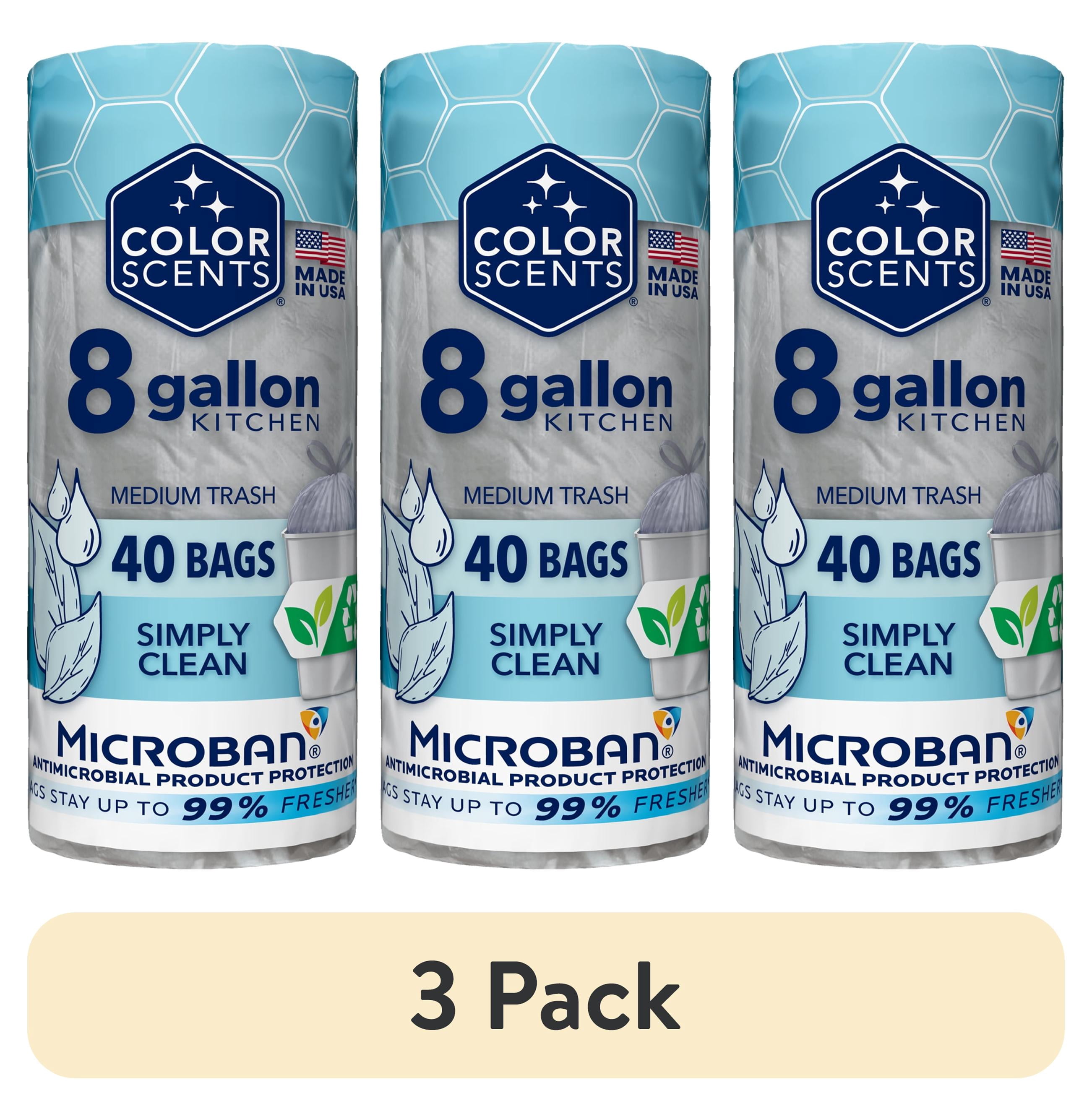 (3 pack) Color Scents Medium Drawstring Trash Bags with Simply Clean Scent, 8-Gallon, 40 Count, Microban Protection