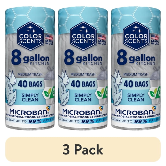 (3 pack) Color Scents Medium Drawstring Trash Bags with Simply Clean Scent, 8-Gallon, 40 Count, Microban Protection