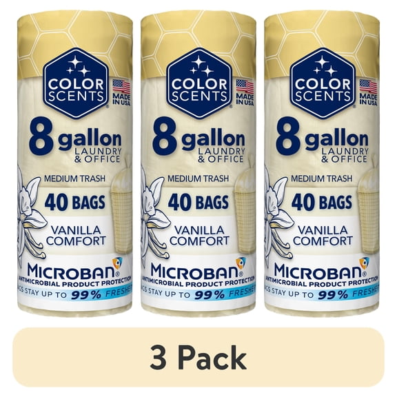 (3 pack) Color Scents 8 Gallon Laundry Room and Office Trash Bags Vanilla Flower Scent, Microban, Twist Tie, 40 Count