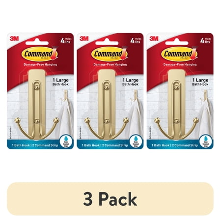 (3 pack) Command Bath Large Satin Brass Double Hook, Holds 4 lb, Bathroom Organization, 1 Hook