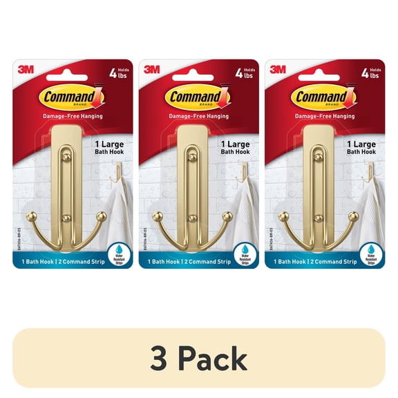(3 pack) Command Bath Large Satin Brass Double Hook, Holds 4 lb, Bathroom Organization, 1 Hook