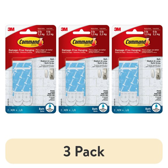 (3 pack) Command Bath Refill Strips, Water Resistant, Clear, 2 Medium and 4 Large, Adhesive Strips for Hooks