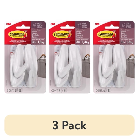 (3 pack) Command Designer Hooks Value Pack, White, Medium, 4 Hooks, 8 Strips/Pack